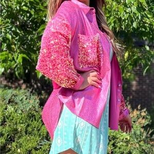 Pink Sequin Button-Up Shirt